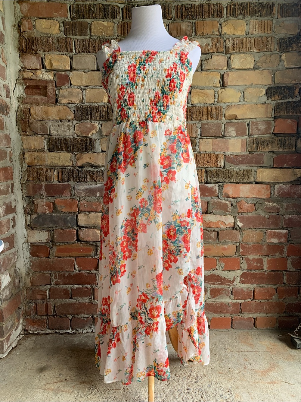 Maurices Cream Maxi Dress with Coral and Green Floral Print